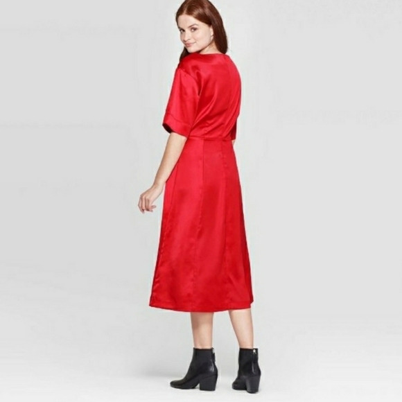 * PROLOGUE BOAT NECK SATIN SHORT SLEEVE MIDI DRESS RED - Picture 3 of 4